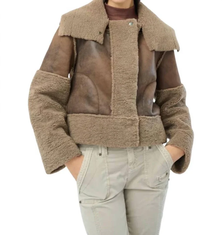 eco-friendly women's coatsTrisha Bonded Distressed Suede Sherpa Jacket In Hazel