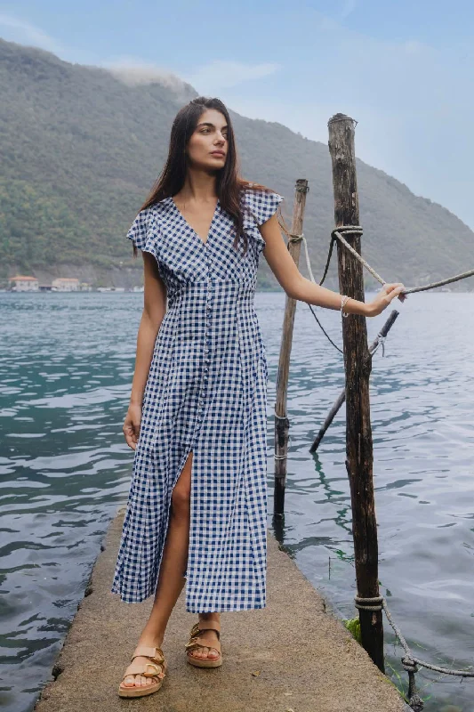 women's lightweight dressesFlawless Navy Gingham Cotton Fluted Sleeve Button Front Midi Dress