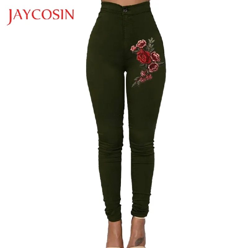 women's denim jeans with pocketsJAYCOSIN Women Sexy Skinny Fashion  Floral Applique Jeans High Waist Stretch Pencil Pants Polyester Material Fashion Sexy Style