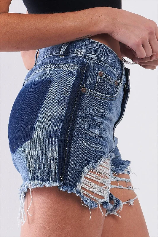 women's denim jeans for petite womenMid-Blue Wash Destroyed High-Waisted Denim Shorts