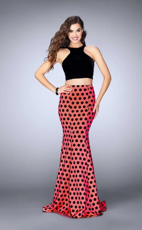 women's statement dressesLa Femme - 24297 Vivid Polka Dot Halter Mermaid Long Evening Gown