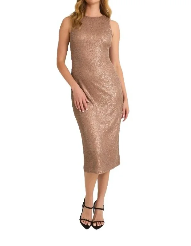 women's empire-line dressesHigh Neck Sequin Midi Dress In Mocha