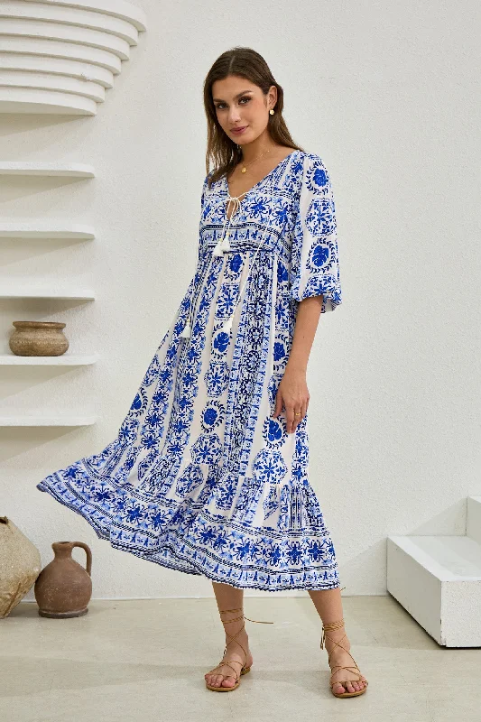 women's minimalist dressesAmara Blue Boho Midi Dress