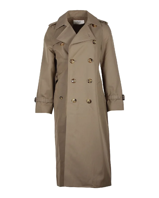 elegant women's coatsCeline Double-Breasted Trench Coat in Beige Cotton