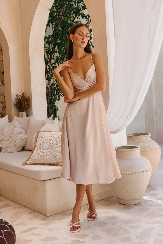 women's tall dressesEleanor Champagne Satin Midi Dress