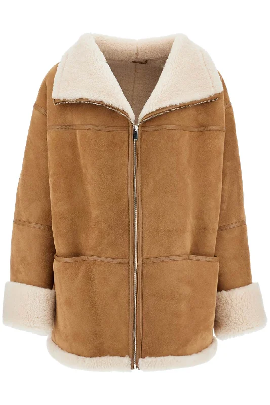 women's coats for winter weddingsToteme Women's Biscuits Shearling Lamb Leather Jacket With Wide Collar