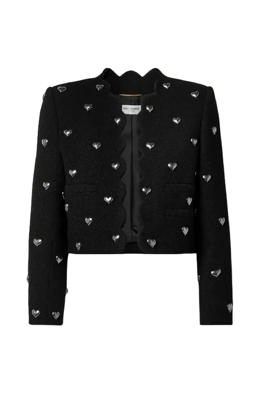 women's coats with floral printsCropped Embellished Bouclé Jacket In Black