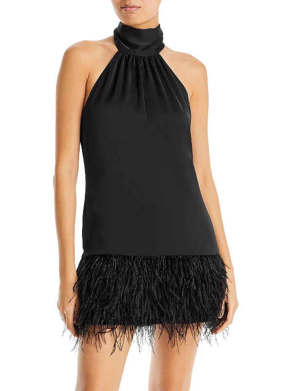 women's casual Friday dressesDanni Womens Halter Faux Feather Trim Mini Dress