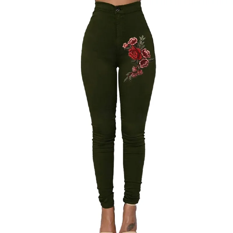 women's denim jeans for autumnJaycosin New Fashion Sexy Ladies Casual Skinny Floral Applique Jeans Woman Elastic High Waist Stretch Slim Pencil Trousers 10#10