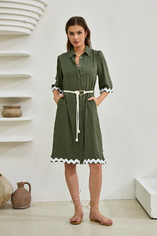 women's curve-hugging dressesKeller Khaki Green Ric Rac Midi Dress