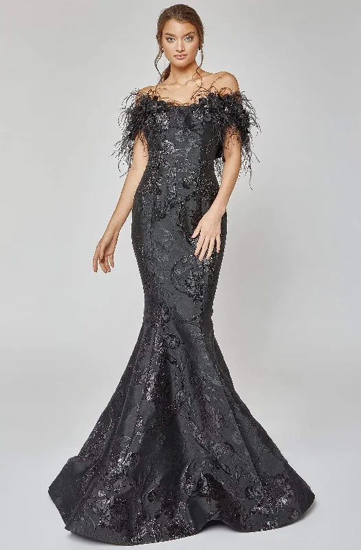 women's maternity dressesTerani Couture - 1921E0136 Feather Off Shoulder Mermaid Evening Gown