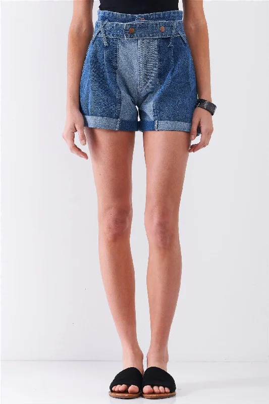 women's denim jeans for apple-shaped bodiesMid-Blue Two Tone Wash High-Waisted Cuffed Denim Mom Shorts