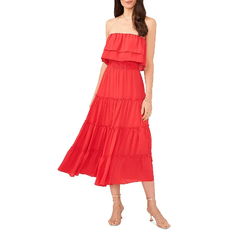 women's minimalist dressesWomens Strapless Calf Midi Dress