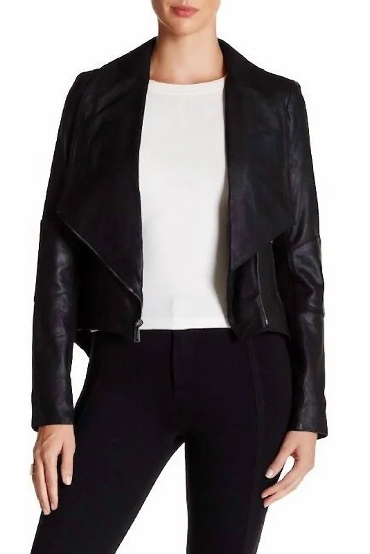 sustainable women's coatsLamb Suede Leather Drape Tail Collar Jacket In Black