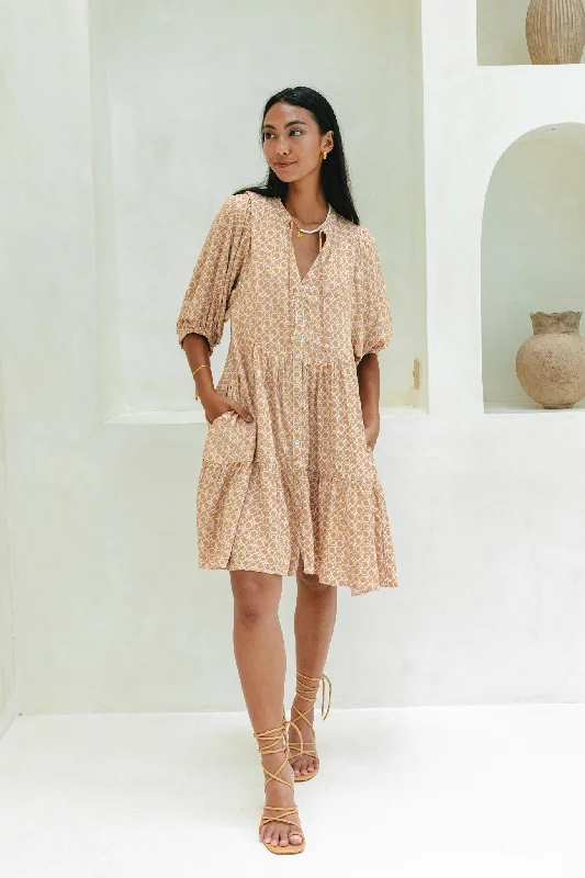 women's wrap dressesCyra Beige Geo Button Down Mini Dress