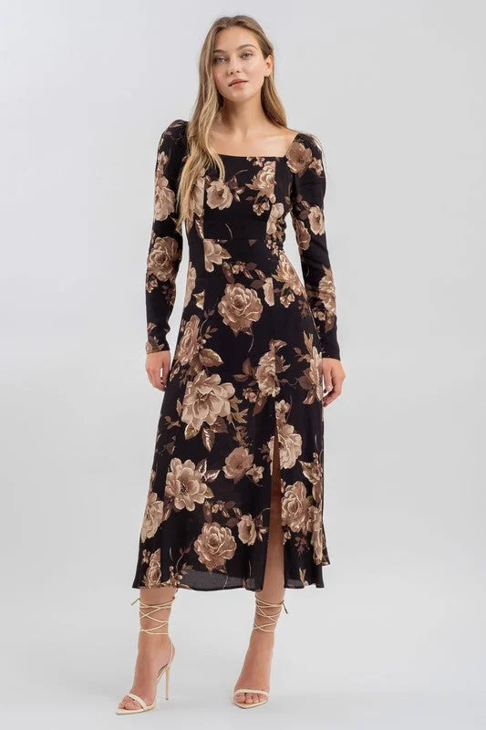 women's glam dressesBlack Floral Square neck Midi Dress