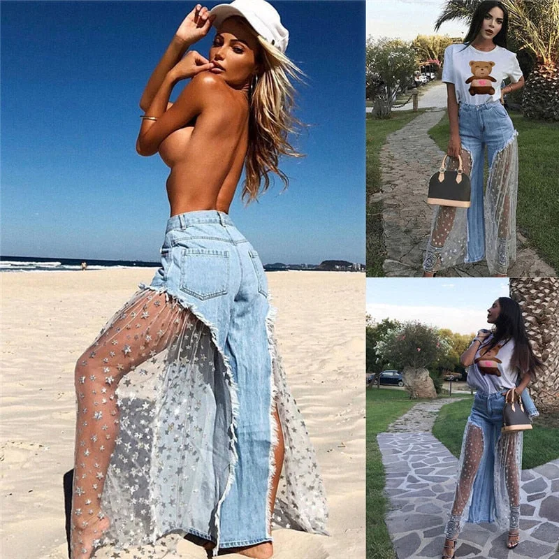 women's denim jeans for a glamorous eveningWomen Skinny Flare Denim Jeans Retro Bell Bottom Wide Leg Pants Trousers Lace Up Sexy modis Woman' Jeans SeeThrough jean Female