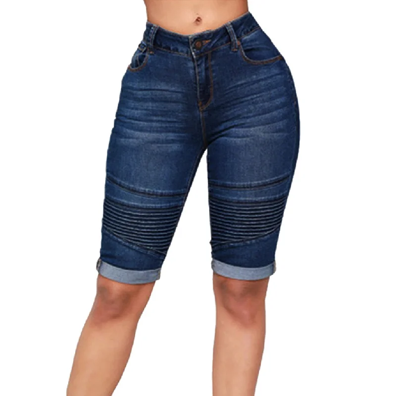 women's denim jeans with contrasting stitchingWomen Juniors Jeans Short Pants Slim Denim Elastic Skinny Vintage Denim Short Mini Jeans Women High Waisted Folded Hem #YL10