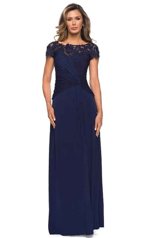 women's shift dressesLa Femme - 28029 Ruched Knotted A-Line Evening Dress