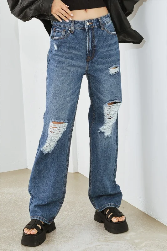 women's denim jeans with sequinsMedium Blue Denim Five Pocket Distressed High Waist Jeans