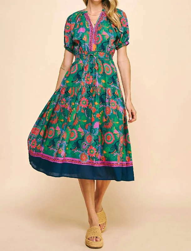 women's vacation dressesFloral Printed Midi Dress In Green Multi