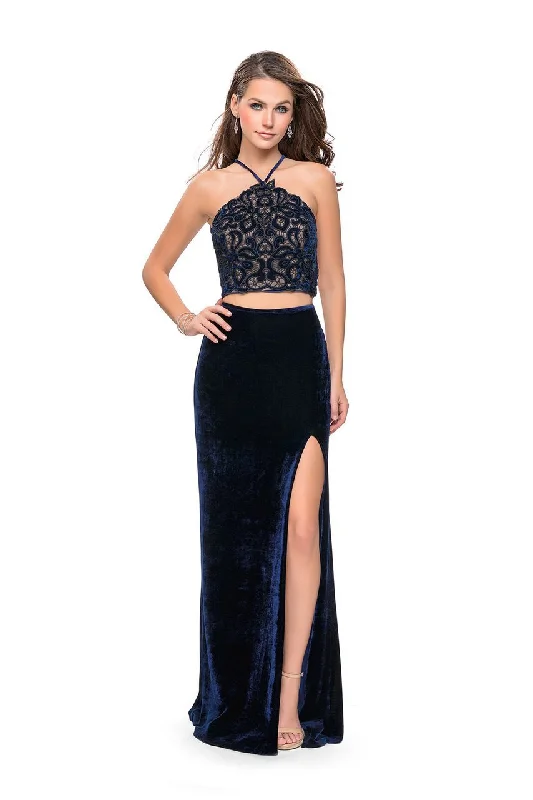 women's lace-up dressesLa Femme - 26115 Two Piece Halter Lace Velvet Evening Dress