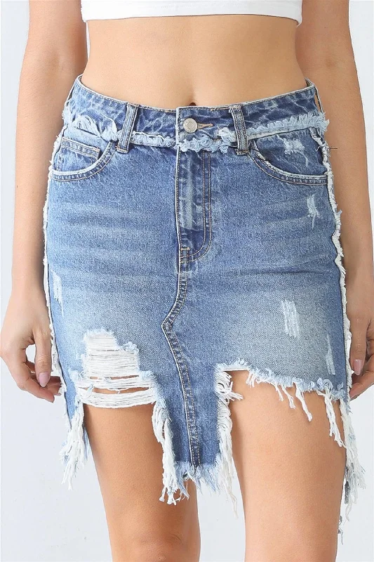 women's denim jeans with button-fly closureDenim Five Pocket Trim Torn Hem High Waist Mini Skirt