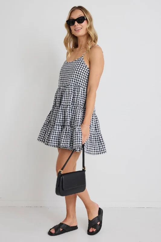 women's sustainable dressesMemphis Black Gingham Strappy Tiered Mini Dress