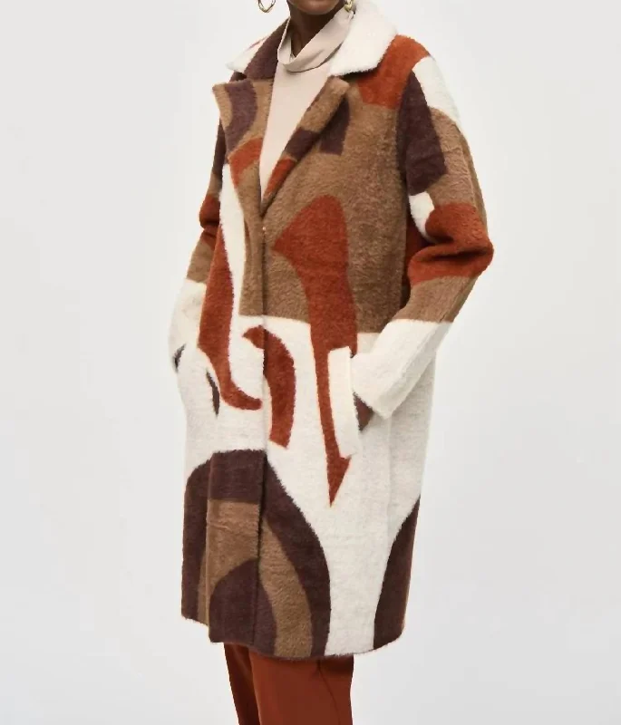 women's coats with asymmetrical hemsAbstract Print Feather Yarn Sweater Coat In Cinnamon Multi