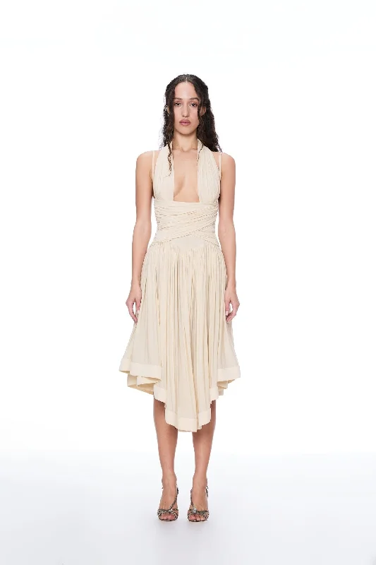 women's tall dressesPLEIN SUD BY GALLIANO CREAM HALTER MIDI DRESS