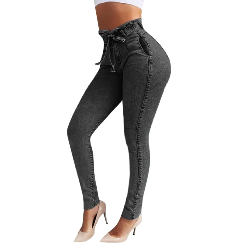 women's denim jeans with embroidery on pockets2020 High Waist Jeans Women Slim Stretch Denim Jean Skinny Tassel Belt Bandage Skinny Push Up Female Jeans Plus Size New #P30