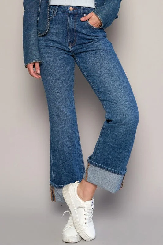 women's denim jeans with stretch fabricHIGH-RISE CUFFED CROP BOOT JEANS