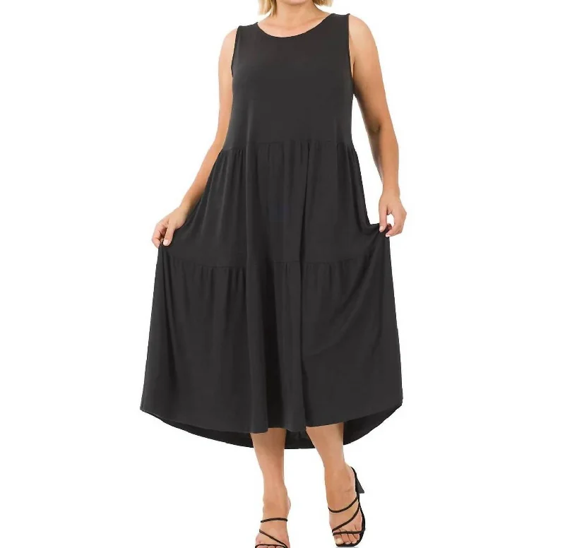 women's petite dressesMonica Tiered Midi Dress In Black