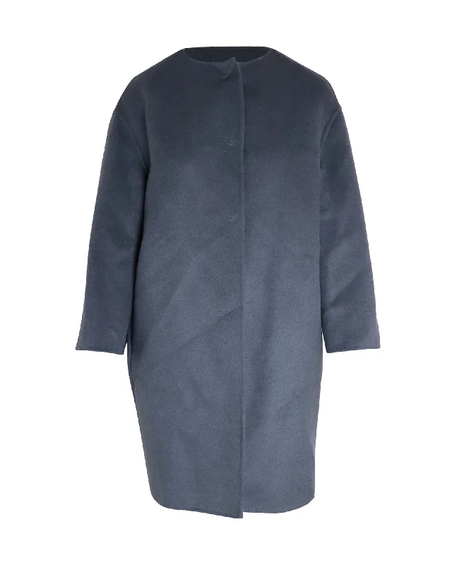 women's coats with fur collarsPrada Cocoon Coat in Blue Virgin Wool