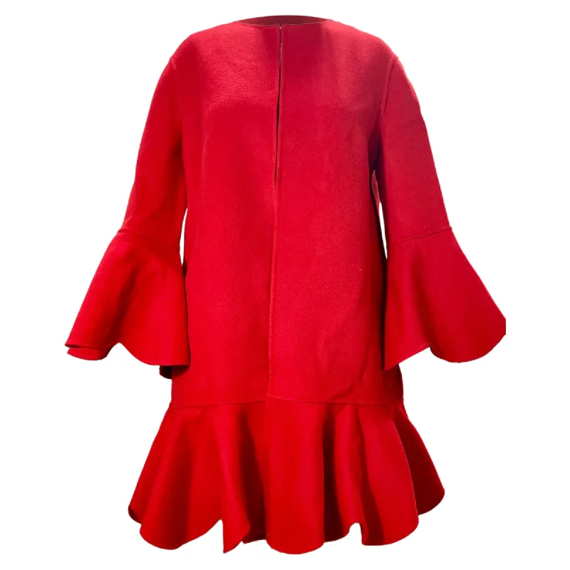 women's coats for day-to-night transitionsValentino Garavani Ruffled Hem Bell Sleeve Coat in Red Wool