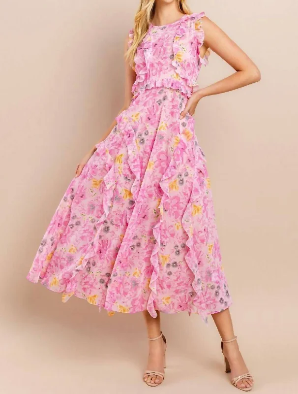 women's cocktail dressesFloral Printed Midi Dress In Pink