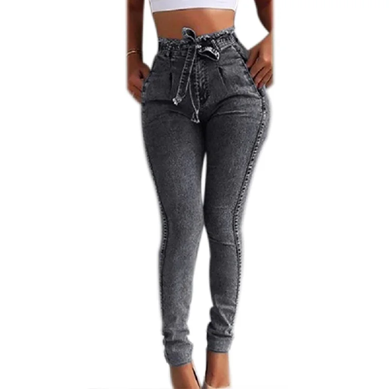 women's grey denim jeansMoneRffi 2020 Spring High Waist Jeans For Women Slim Stretch Denim Jean Bodycon Tassel Belt Bandage Skinny Push Up Jeans Woman