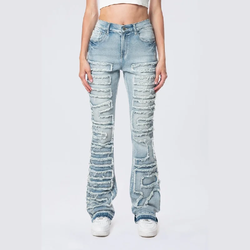 women's flare denim jeansHigh Rise  Stacked Applique Jeans - Pier Blue