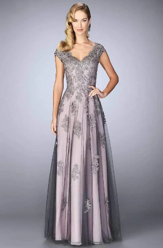 women's silk dressesLa Femme - 23449 Two Tone Lace Evening Gown