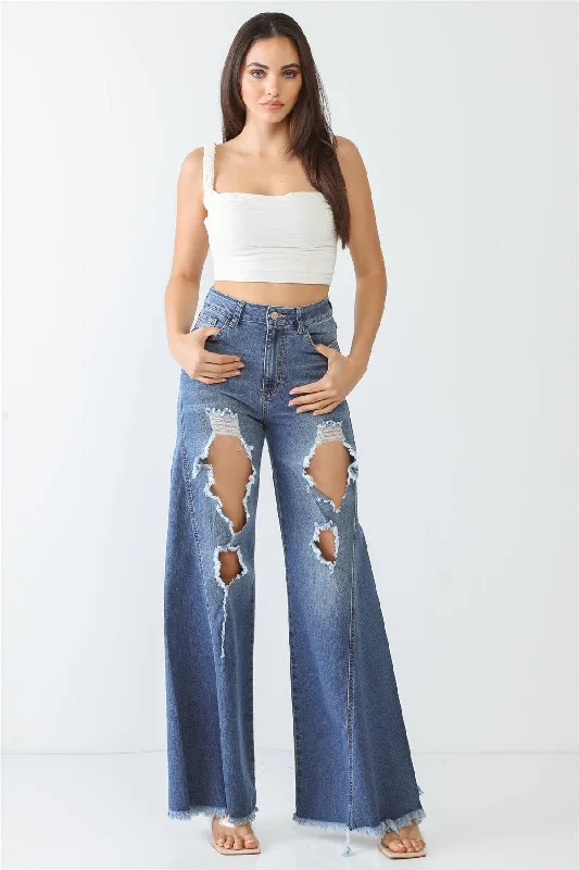 women's denim jeans with adjustable waistbandsDenim Cotton Cut-Out Five Pocket High Waist Flare Jeans