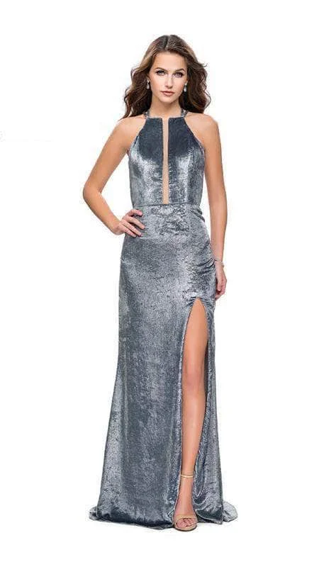 women's limited-edition dressesLa Femme - Velvet High Halter Evening Dress 25861SC