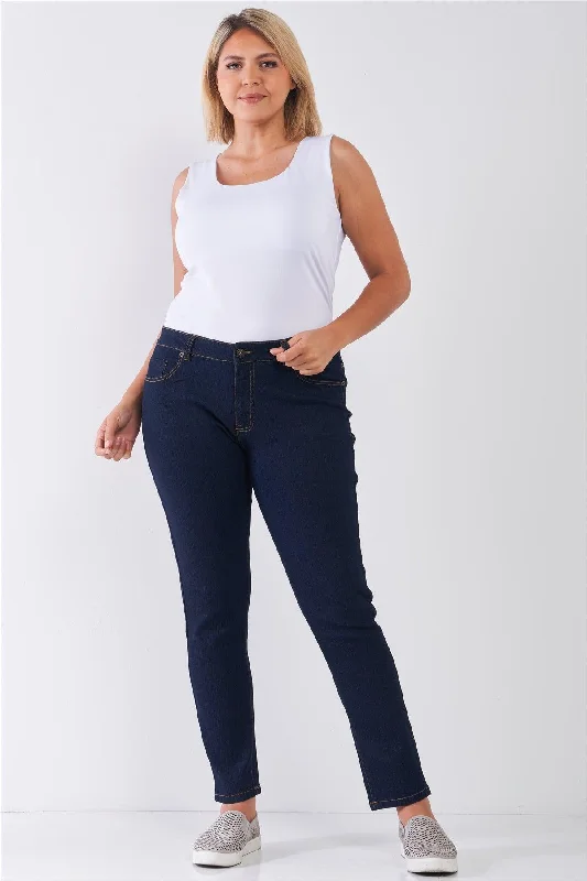 women's denim jeans with leather back pocketsPlus Size Dark Blue Denim Mid-Rise Skinny Jeans