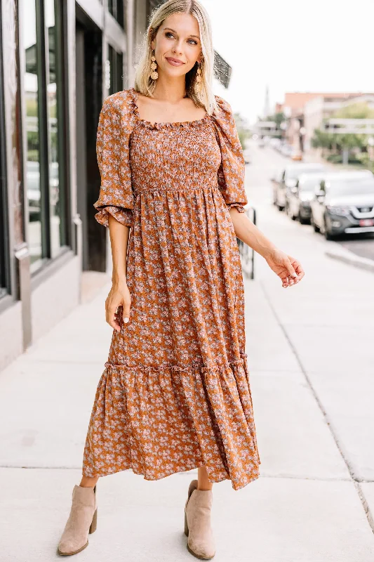 women's satin dressesBy This Time Orange Ditsy Floral Midi Dress