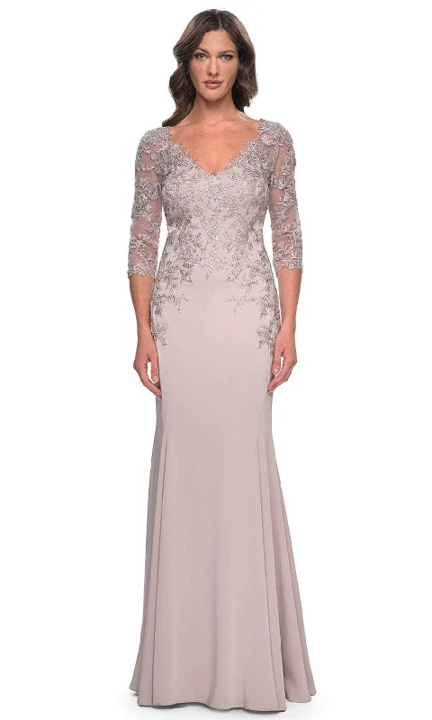 women's evening dressesLa Femme 31194 - Lace Applique Quarter Sleeve Evening Gown