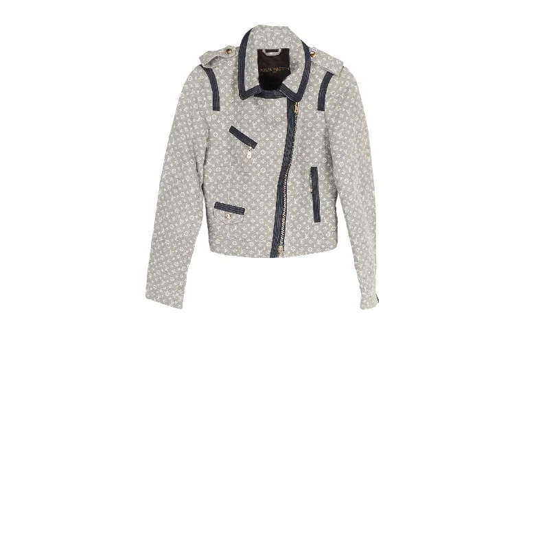 women's coats with sheer overlaysLouis Vuitton Monogram Denim Biker Jacket in Grey Cotton