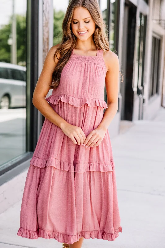 women's wrap dressesCelebrate Yourself Terracotta Pink Ruffled Midi Dress