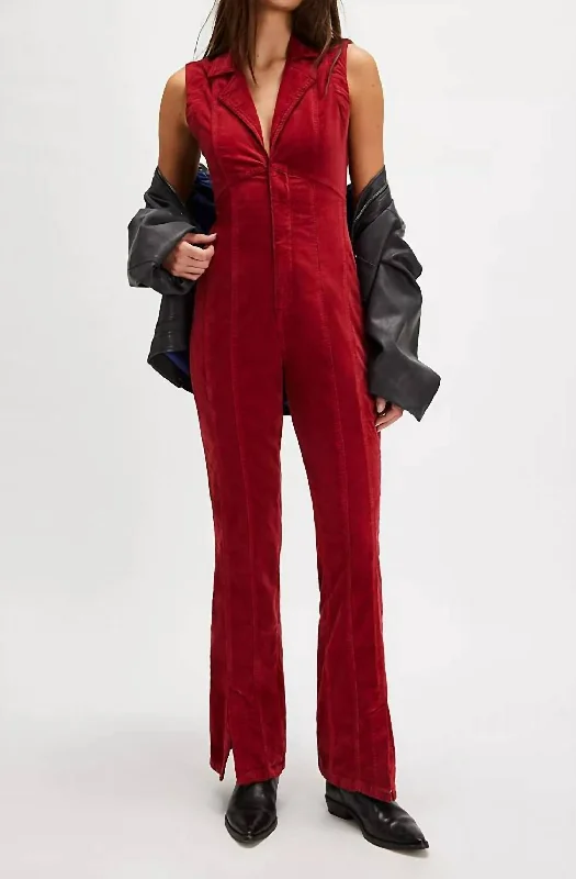 women's zipper pantsCrvy Ring The Alarm Corduroy One-Piece In Haute Red