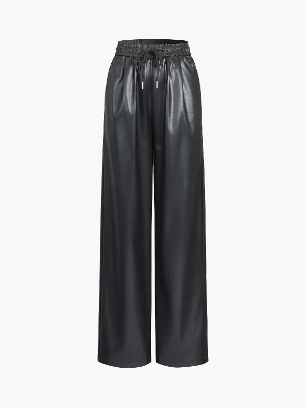 women's yoga pantsBerryBetty - Drawstring Faux Leather Straight Leg Pants