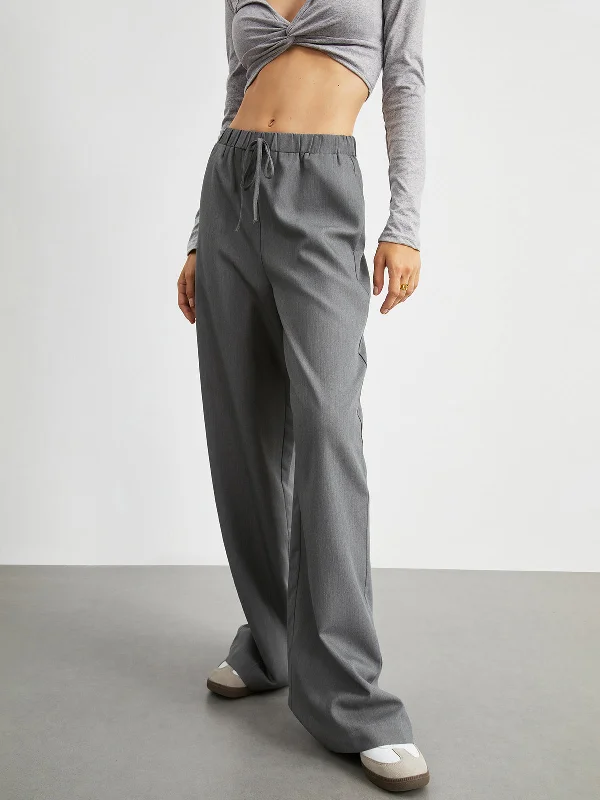 women's travel pantsBerryBetty - Elastic Waistband Pockets Drawstring Wide Leg Pants