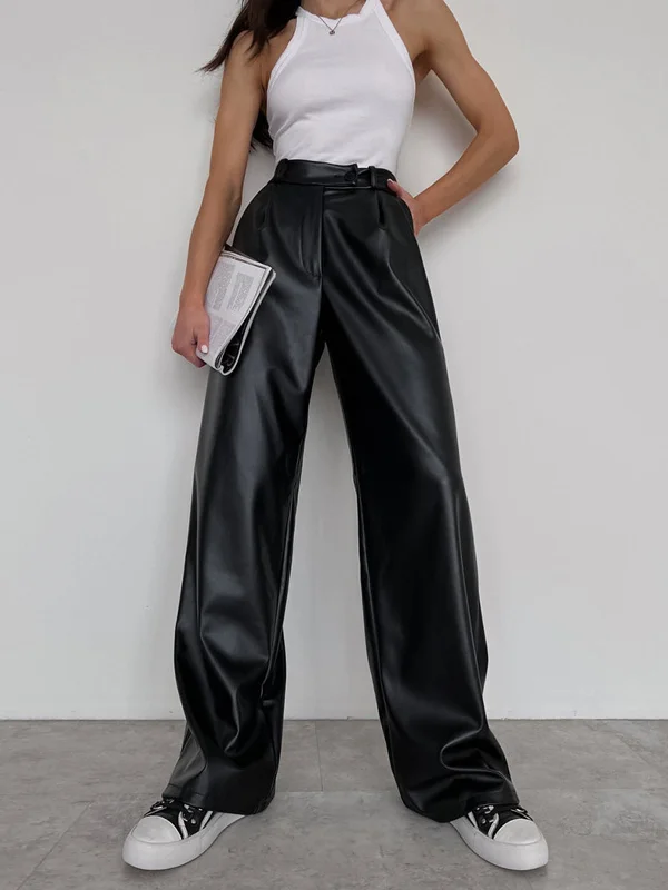 women's button-fly pantsBerryBetty - Faux Leather Wide Leg Pants